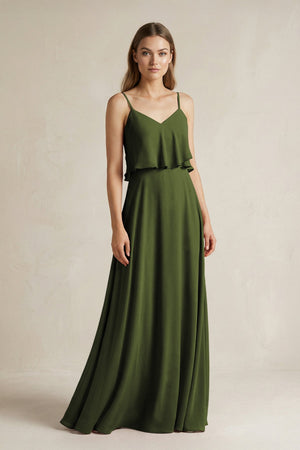 Ruffled Spaghetti Strap A - Line Chiffon Bridesmaid Dress in Olive - KissProm Bridesmaid Dresses