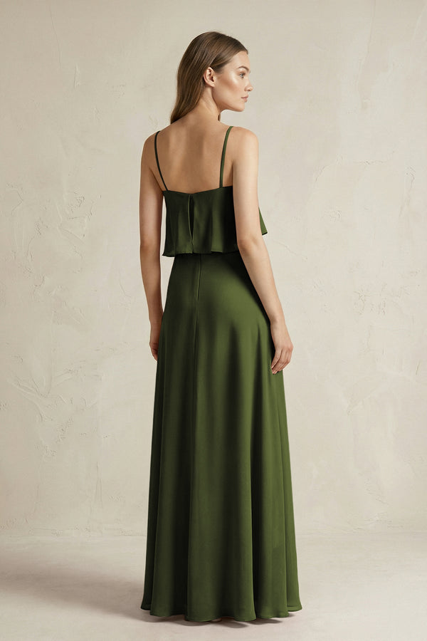 Ruffled Spaghetti Strap A - Line Chiffon Bridesmaid Dress in Olive - KissProm Bridesmaid Dresses