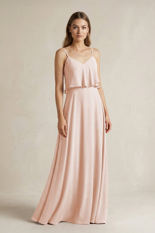 Ruffled Spaghetti Strap A - Line Chiffon Bridesmaid Dress in Pale Blush - KissProm Bridesmaid Dresses