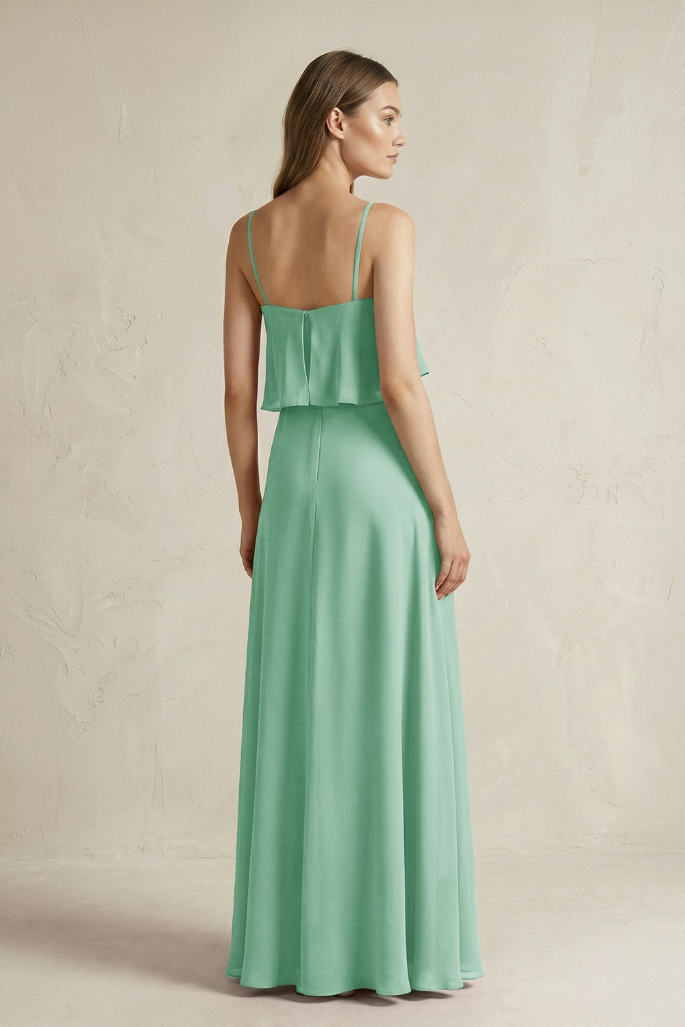 Ruffled Spaghetti Strap A - Line Chiffon Bridesmaid Dress in Pale Pistachio - KissProm Bridesmaid Dresses