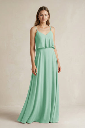 Ruffled Spaghetti Strap A - Line Chiffon Bridesmaid Dress in Pale Pistachio - KissProm Bridesmaid Dresses