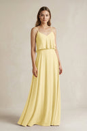 Ruffled Spaghetti Strap A - Line Chiffon Bridesmaid Dress in Pastel Yellow - KissProm Bridesmaid Dresses
