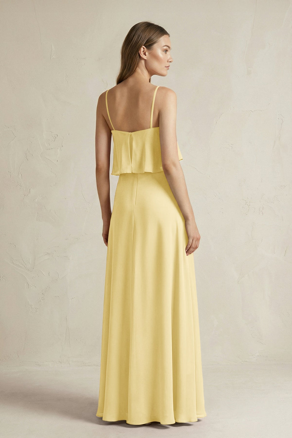 Ruffled Spaghetti Strap A - Line Chiffon Bridesmaid Dress in Pastel Yellow - KissProm Bridesmaid Dresses