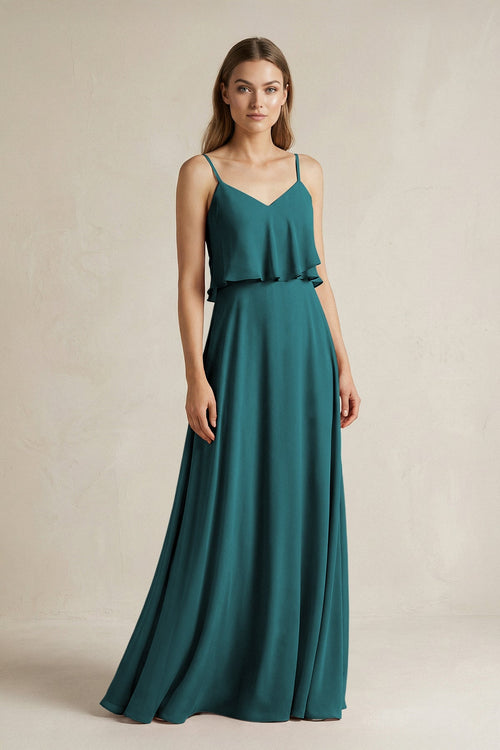 Ruffled Spaghetti Strap A - Line Chiffon Bridesmaid Dress in Pine - KissProm Bridesmaid Dresses