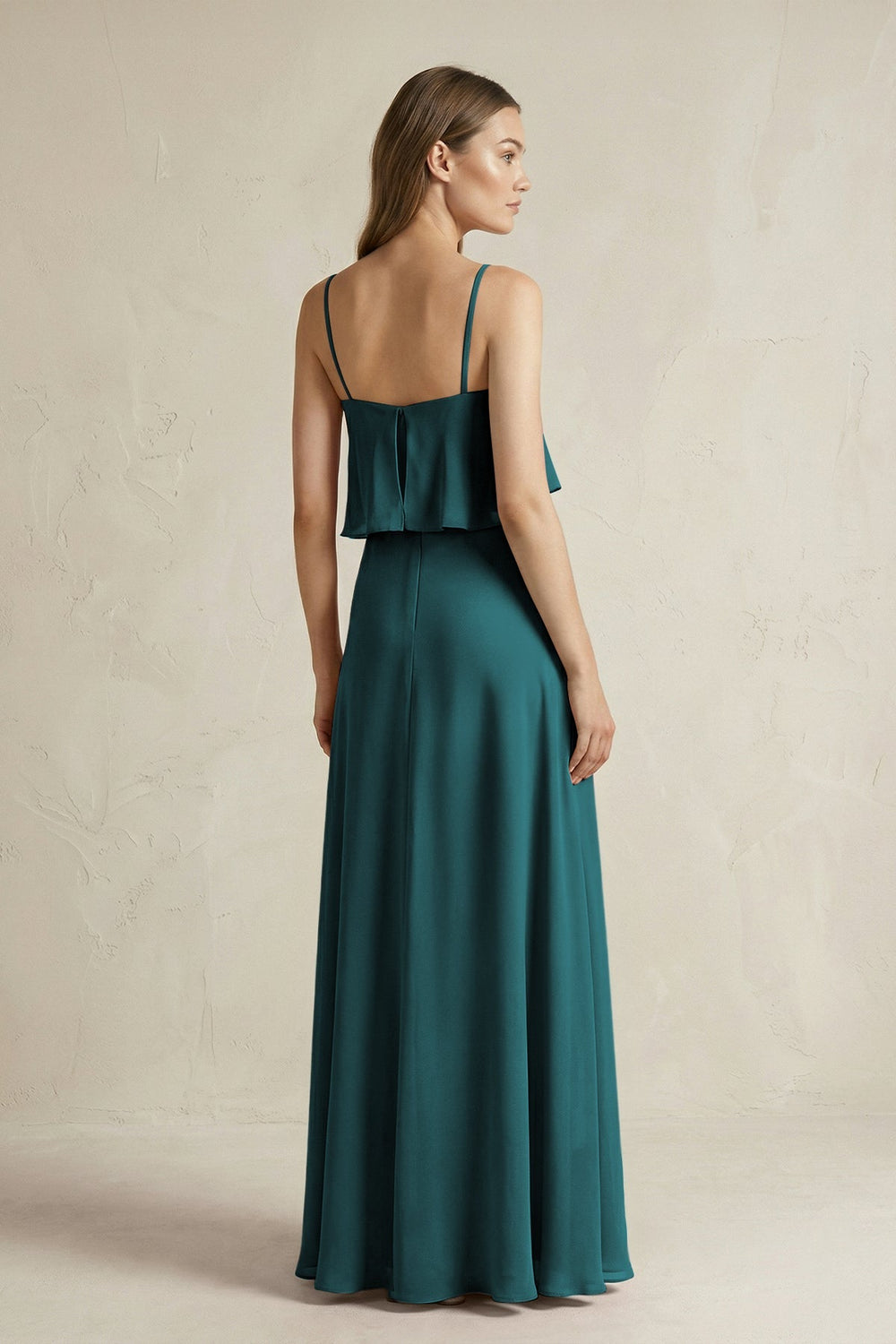 Ruffled Spaghetti Strap A - Line Chiffon Bridesmaid Dress in Pine - KissProm Bridesmaid Dresses