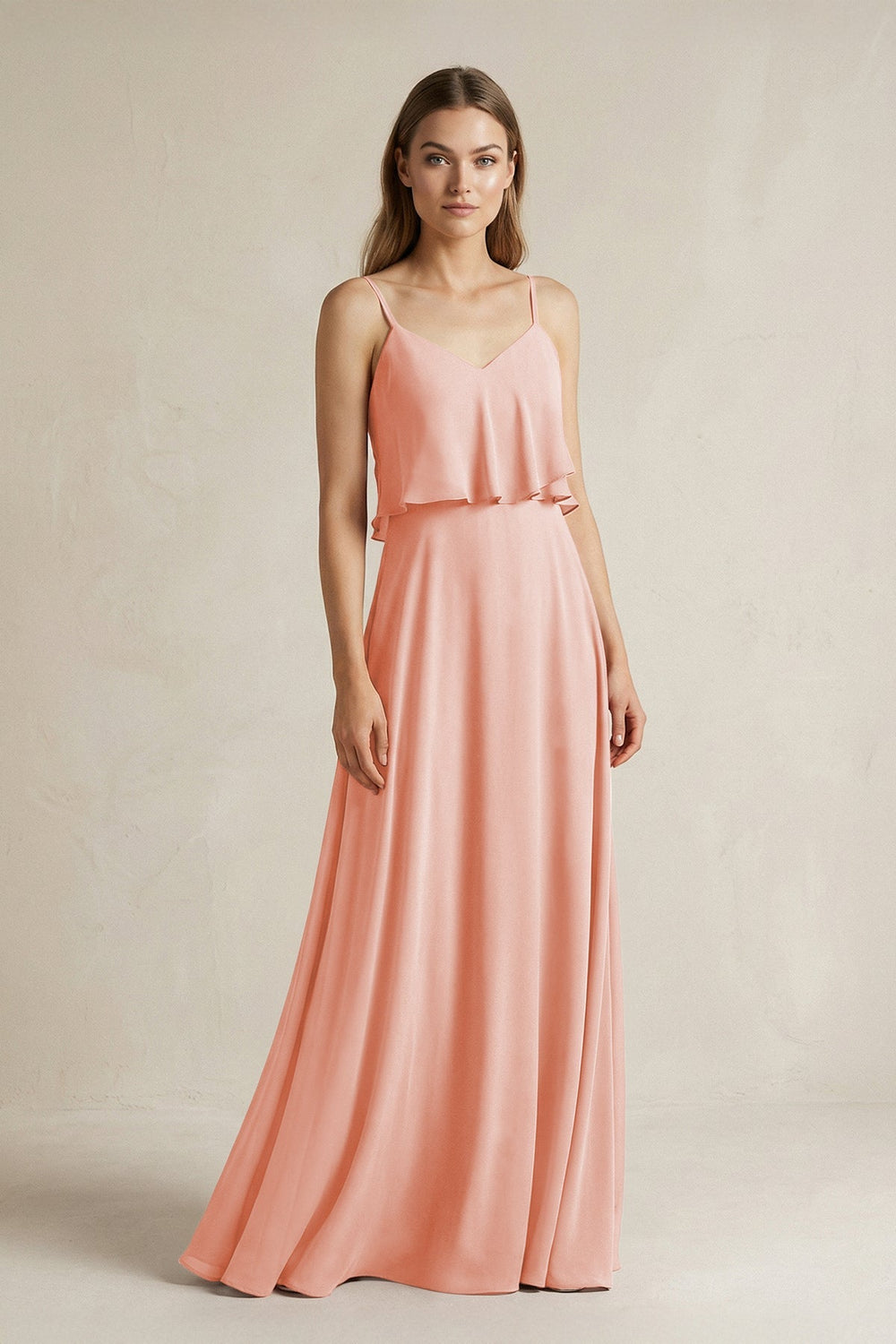 Ruffled Spaghetti Strap A - Line Chiffon Bridesmaid Dress in Rose Petal - KissProm Bridesmaid Dresses