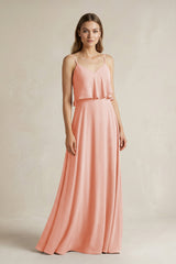 Ruffled Spaghetti Strap A - Line Chiffon Bridesmaid Dress in Rose Petal - KissProm Bridesmaid Dresses