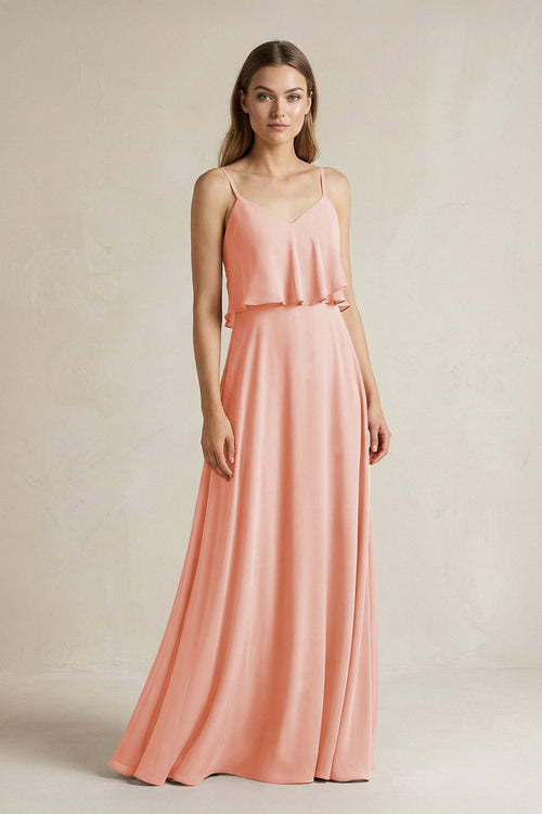 Ruffled Spaghetti Strap A - Line Chiffon Bridesmaid Dress in Rose Petal - KissProm Bridesmaid Dresses