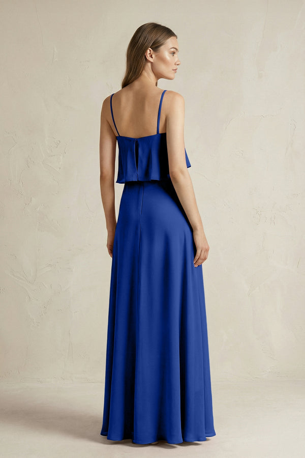 Ruffled Spaghetti Strap A - Line Chiffon Bridesmaid Dress in Royal Blue - KissProm Bridesmaid Dresses