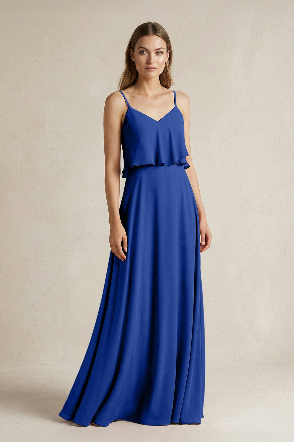 Ruffled Spaghetti Strap A - Line Chiffon Bridesmaid Dress in Royal Blue - KissProm Bridesmaid Dresses