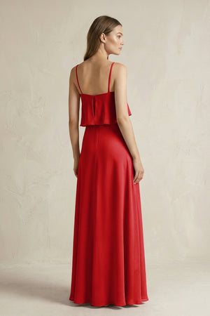 Ruffled Spaghetti Strap A - Line Chiffon Bridesmaid Dress in Ruby Red - KissProm Bridesmaid Dresses