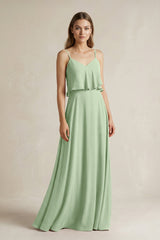 Ruffled Spaghetti Strap A - Line Chiffon Bridesmaid Dress in Sage - KissProm Bridesmaid Dresses