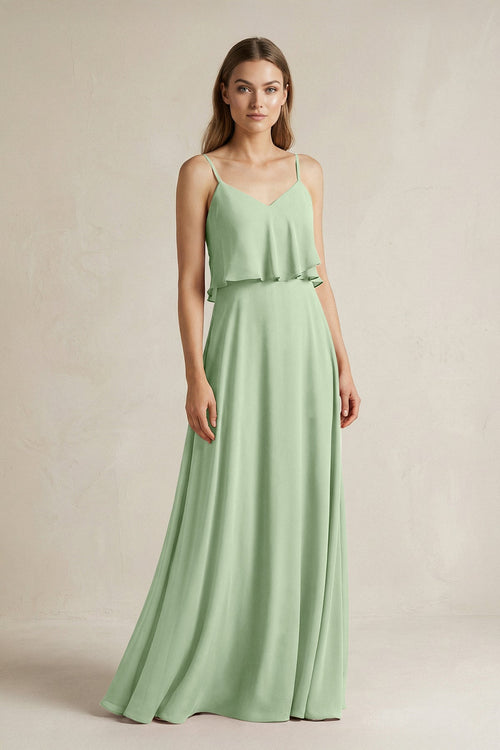 Ruffled Spaghetti Strap A - Line Chiffon Bridesmaid Dress in Sage - KissProm Bridesmaid Dresses