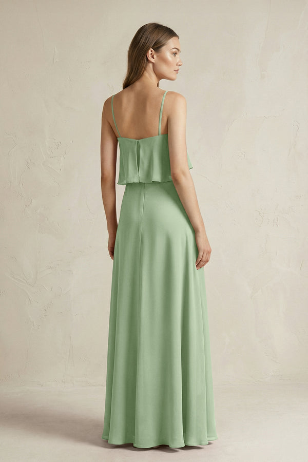 Ruffled Spaghetti Strap A - Line Chiffon Bridesmaid Dress in Sage - KissProm Bridesmaid Dresses