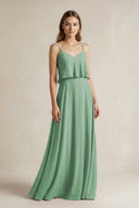 Ruffled Spaghetti Strap A - Line Chiffon Bridesmaid Dress in Sea Glass - KissProm Bridesmaid Dresses