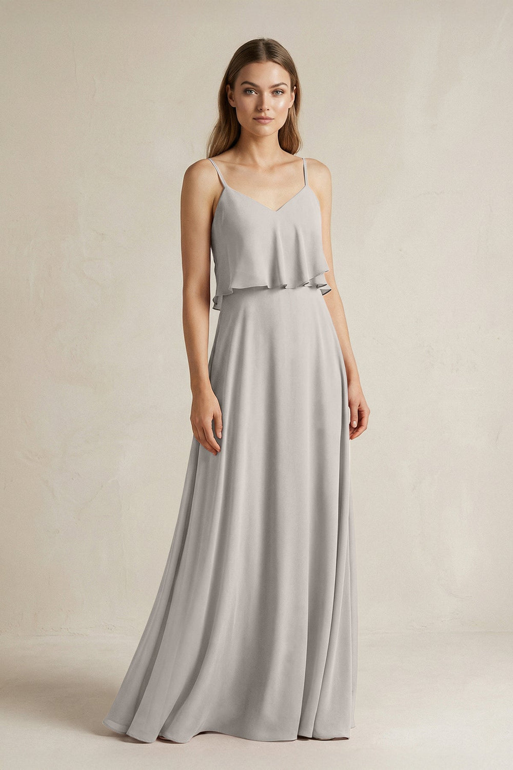 Ruffled Spaghetti Strap A - Line Chiffon Bridesmaid Dress in Silver - KissProm Bridesmaid Dresses
