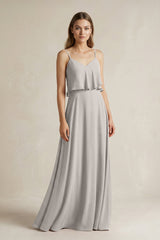 Ruffled Spaghetti Strap A - Line Chiffon Bridesmaid Dress in Silver - KissProm Bridesmaid Dresses