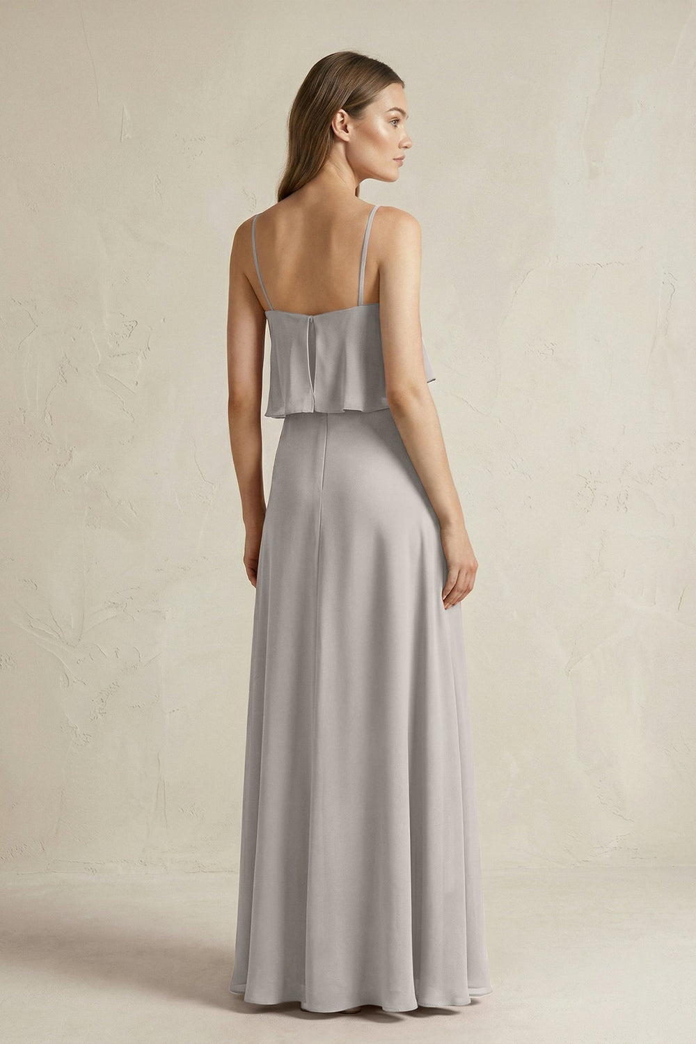 Ruffled Spaghetti Strap A - Line Chiffon Bridesmaid Dress in Silver - KissProm Bridesmaid Dresses