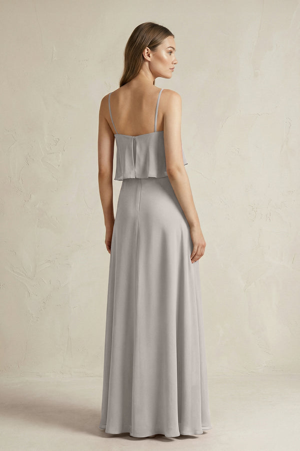 Ruffled Spaghetti Strap A - Line Chiffon Bridesmaid Dress in Silver - KissProm Bridesmaid Dresses