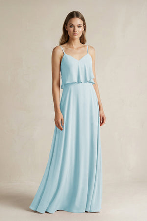 Ruffled Spaghetti Strap A - Line Chiffon Bridesmaid Dress in Sky Blue - KissProm Bridesmaid Dresses