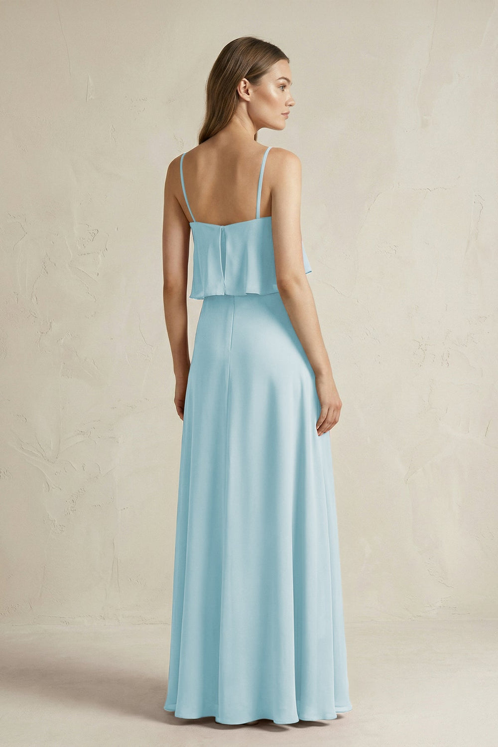 Ruffled Spaghetti Strap A - Line Chiffon Bridesmaid Dress in Sky Blue - KissProm Bridesmaid Dresses