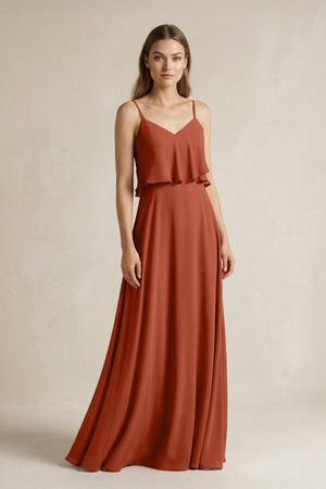 Ruffled Spaghetti Strap A - Line Chiffon Bridesmaid Dress in Spice - KissProm Bridesmaid Dresses