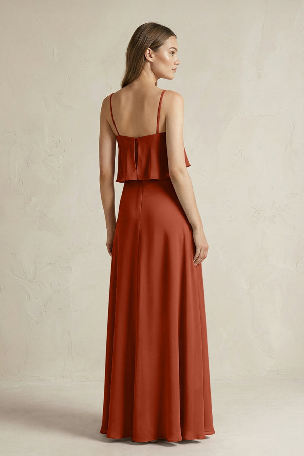 Ruffled Spaghetti Strap A - Line Chiffon Bridesmaid Dress in Spice - KissProm Bridesmaid Dresses