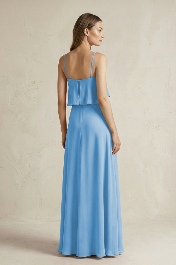 Ruffled Spaghetti Strap A - Line Chiffon Bridesmaid Dress in Steel Blue - KissProm Bridesmaid Dresses