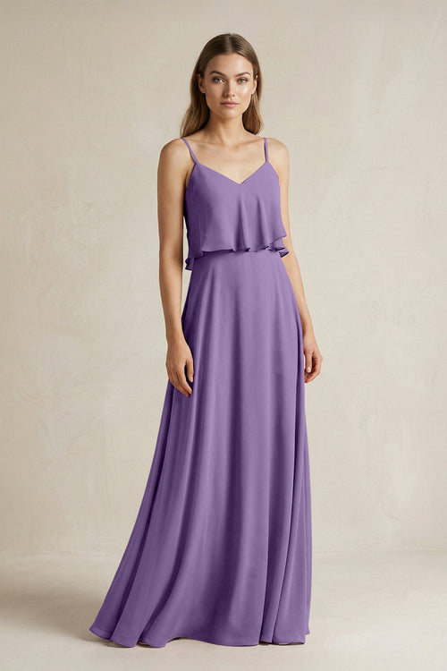 Ruffled Spaghetti Strap A - Line Chiffon Bridesmaid Dress in Tahiti - KissProm Bridesmaid Dresses