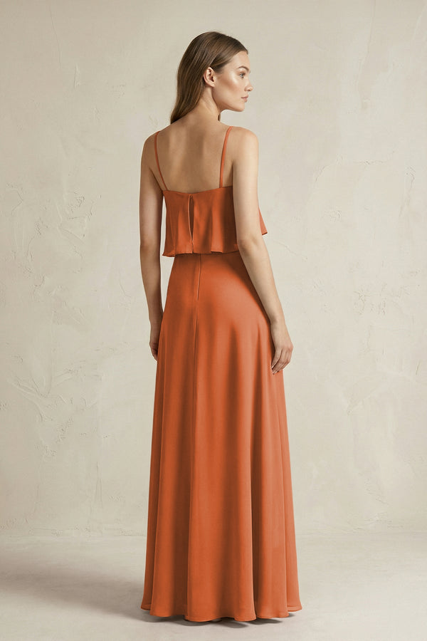Ruffled Spaghetti Strap A - Line Chiffon Bridesmaid Dress in Terracotta - KissProm Bridesmaid Dresses