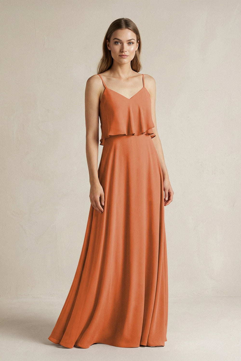 Ruffled Spaghetti Strap A - Line Chiffon Bridesmaid Dress in Terracotta - KissProm Bridesmaid Dresses