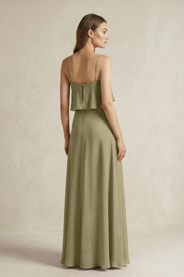 Ruffled Spaghetti Strap A - Line Chiffon Bridesmaid Dress in Thyme - KissProm Bridesmaid Dresses