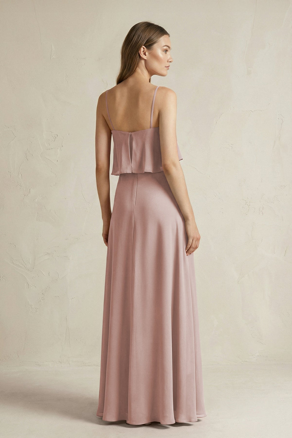 Ruffled Spaghetti Strap A - Line Chiffon Bridesmaid Dress in Toffee - KissProm Bridesmaid Dresses