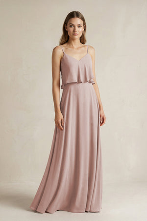 Ruffled Spaghetti Strap A - Line Chiffon Bridesmaid Dress in Toffee - KissProm Bridesmaid Dresses