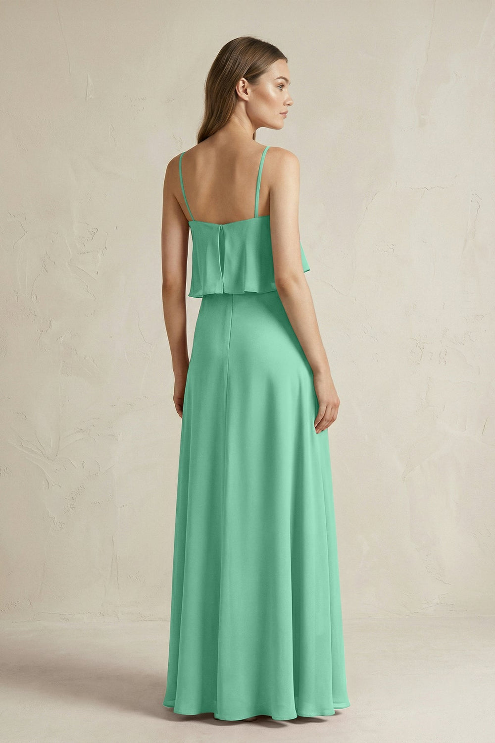 Ruffled Spaghetti Strap A - Line Chiffon Bridesmaid Dress in Turquoise - KissProm Bridesmaid Dresses