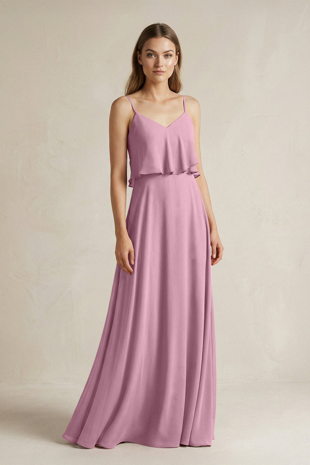 Ruffled Spaghetti Strap A - Line Chiffon Bridesmaid Dress in Vintage Mauve - KissProm Bridesmaid Dresses