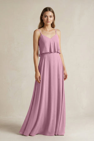 Ruffled Spaghetti Strap A - Line Chiffon Bridesmaid Dress in Vintage Mauve - KissProm Bridesmaid Dresses