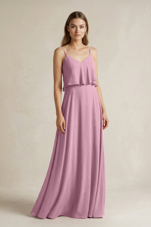 Ruffled Spaghetti Strap A - Line Chiffon Bridesmaid Dress in Vintage Mauve - KissProm Bridesmaid Dresses