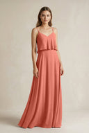 Ruffled Spaghetti Strap A - Line Chiffon Bridesmaid Dress in Wild Rose - KissProm Bridesmaid Dresses