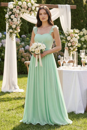 Ruffled Spaghetti Strap Chiffon A-Line Bridesmaid Dress in Pale Pistachio - KissProm BRIDESMAID DRESSES