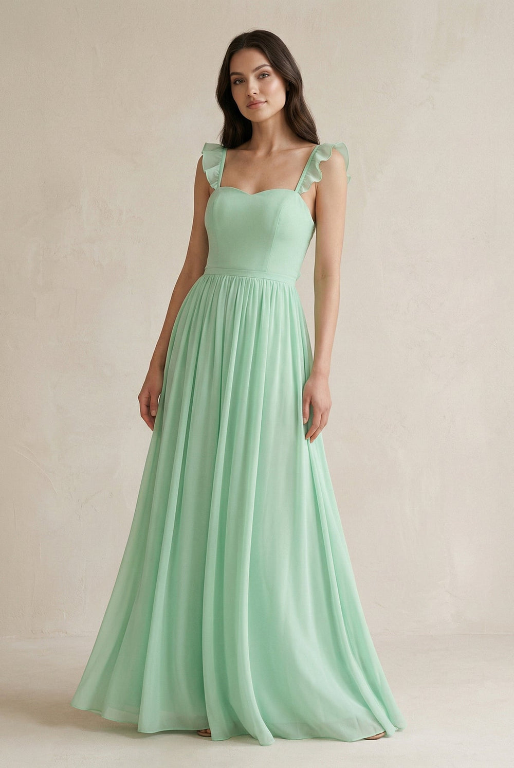 Ruffled Spaghetti Strap Chiffon A-Line Bridesmaid Dress in Pale Pistachio - KissProm BRIDESMAID DRESSES