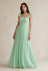 Ruffled Spaghetti Strap Chiffon A-Line Bridesmaid Dress in Pale Pistachio - KissProm BRIDESMAID DRESSES