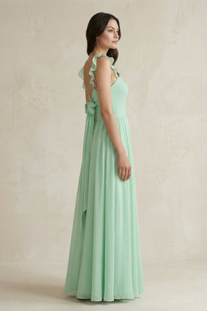 Ruffled Spaghetti Strap Chiffon A-Line Bridesmaid Dress in Pale Pistachio - KissProm BRIDESMAID DRESSES