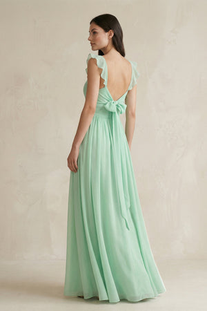 Ruffled Spaghetti Strap Chiffon A-Line Bridesmaid Dress in Pale Pistachio - KissProm BRIDESMAID DRESSES