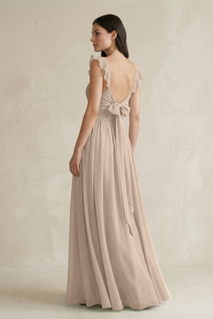 Ruffled Spaghetti Strap Chiffon A - Line Bridesmaid Dress in Almond - KissProm Bridesmaid Dresses