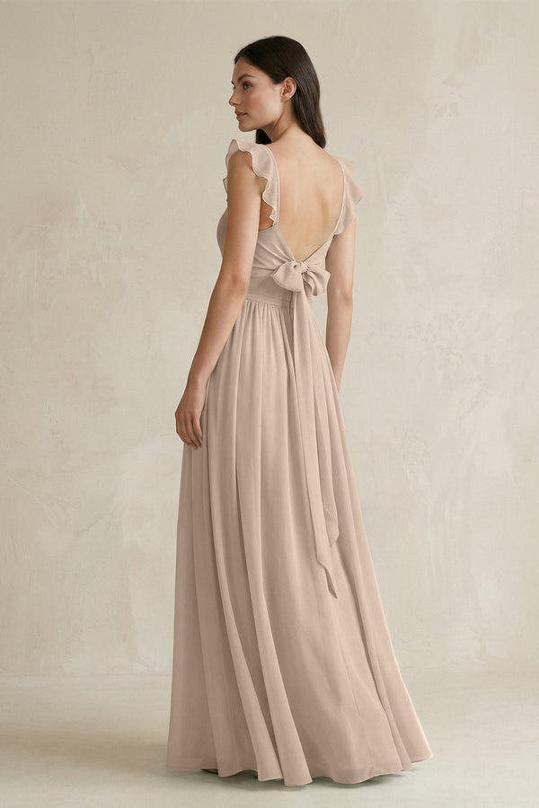Ruffled Spaghetti Strap Chiffon A - Line Bridesmaid Dress in Almond - KissProm Bridesmaid Dresses