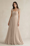 Ruffled Spaghetti Strap Chiffon A - Line Bridesmaid Dress in Almond - KissProm Bridesmaid Dresses