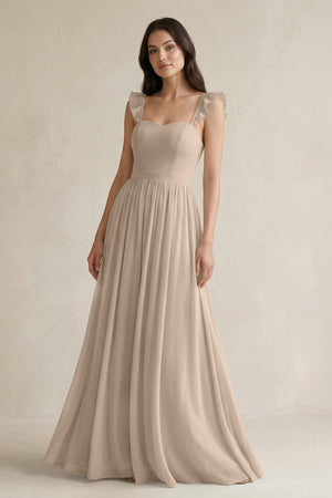 Ruffled Spaghetti Strap Chiffon A - Line Bridesmaid Dress in Almond - KissProm Bridesmaid Dresses