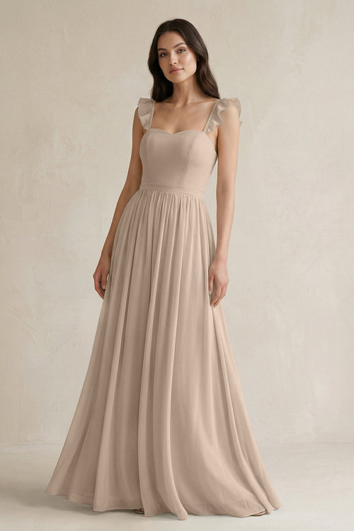Ruffled Spaghetti Strap Chiffon A - Line Bridesmaid Dress in Almond - KissProm Bridesmaid Dresses