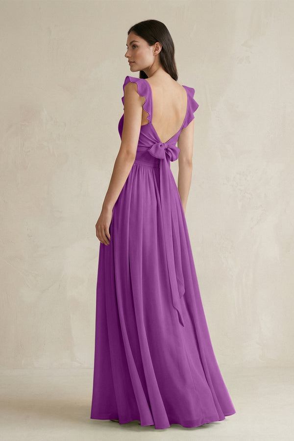 KissProm Ruffled Spaghetti Strap Chiffon A-Line Bridesmaid Dress in Amethyst, Amethyst / 20